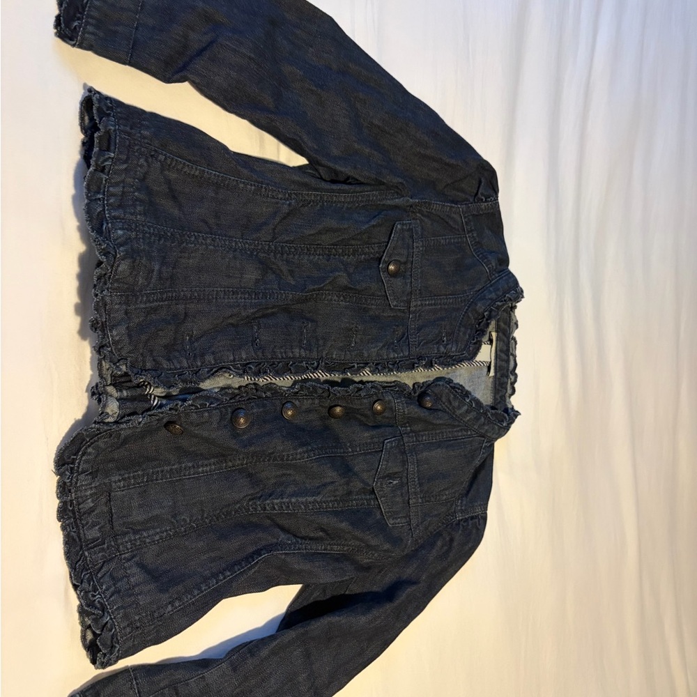 LOFT Dark Blue Denim Jean Jacket with Ruffle Trim